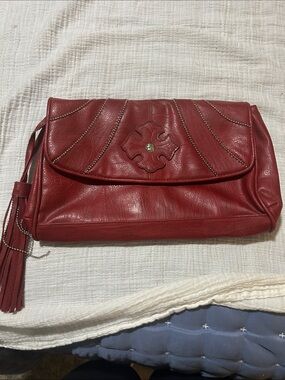 Miss Me Red Fold-Over Tassel Clutch. Large. Rocker. Edgy. Faux leather. Chains.